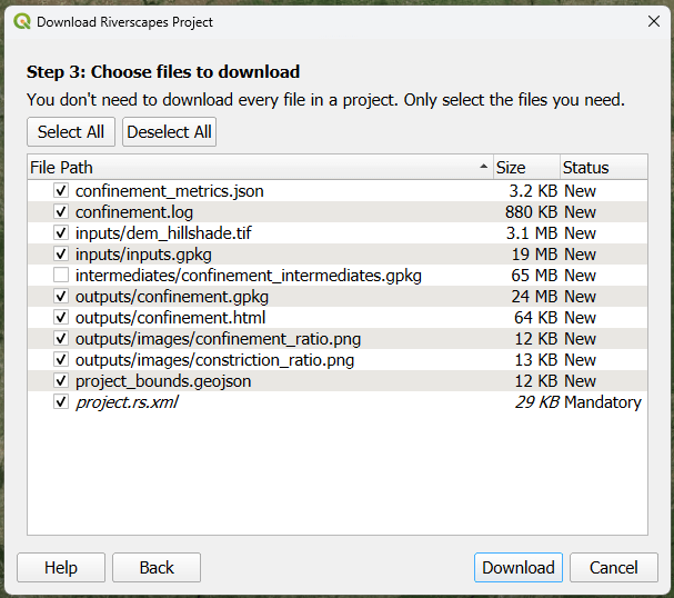 File selection step, showing a large file deselected File selection step in download dialog